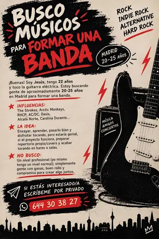 Guitarrista 22 años busca gente para formar un grupo de rock 10 septiembre 2026