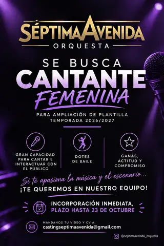 ORQUESTA SEPTIMA AVENIDA BUSCA CANTANTE FEMENINA 20 octubre 2026