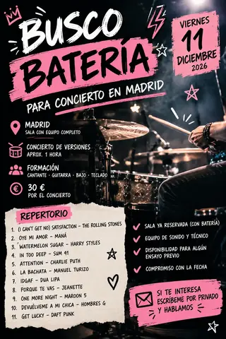 BUSCO BATERÍA PARA CONCIERTO EN MADRID 31 octubre 2026